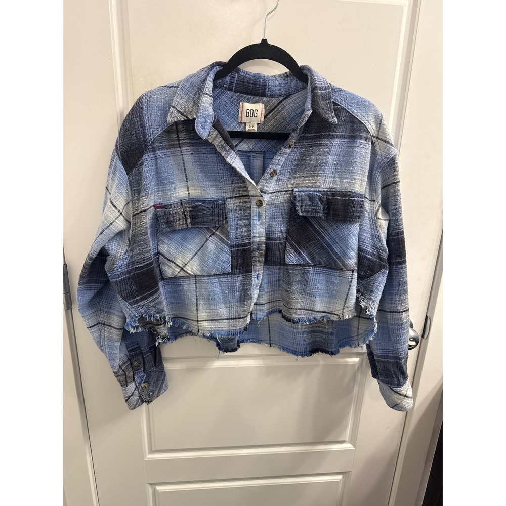 BDG Urban Outfitters Blue Plaid Cropped Flannel Shirt Raw Hem Small